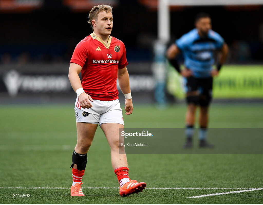 25 April 2025; Craig Casey of Munster during the United Rugby Championship match between Cardiff and Munster at Cardiff Arms Park in Cardiff, Wales. Photo by Kian Abdullah/Sportsfile
