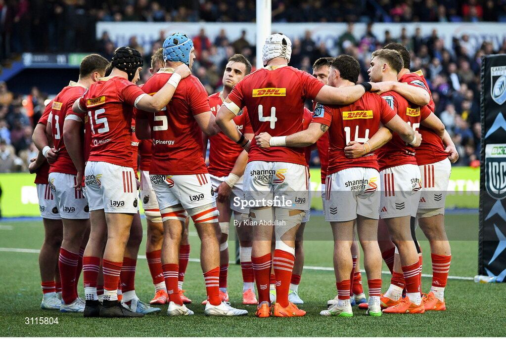 25 April 2025; The Munster team huddle before the United Rugby Championship match between Cardiff and Munster at Cardiff Arms Park in Cardiff, Wales. Photo by Kian Abdullah/Sportsfile