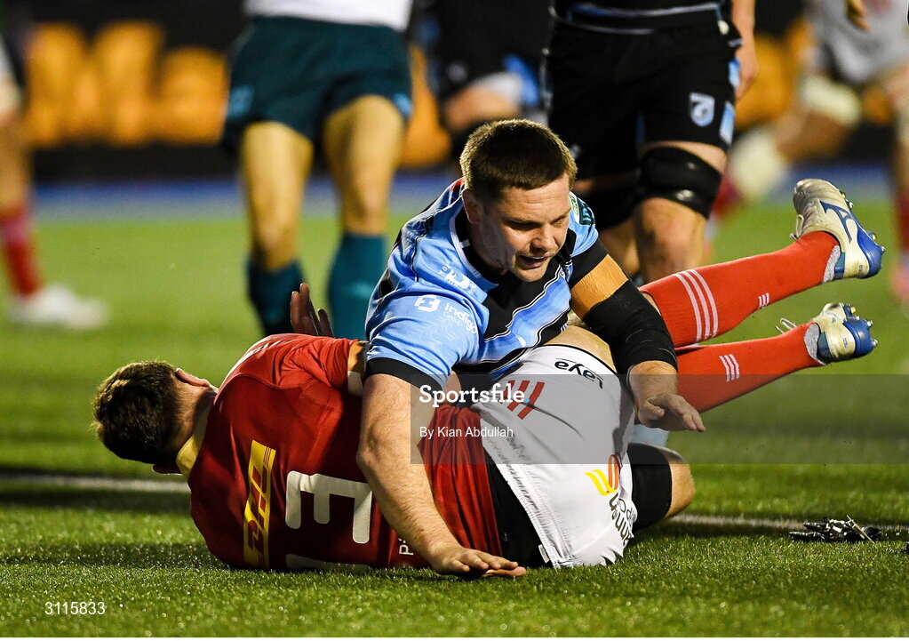 25 April 2025; Tom Farrell of Munster scores his side's third try during the United Rugby Championship match between Cardiff and Munster at Cardiff Arms Park in Cardiff, Wales. Photo by Kian Abdullah/Sportsfile