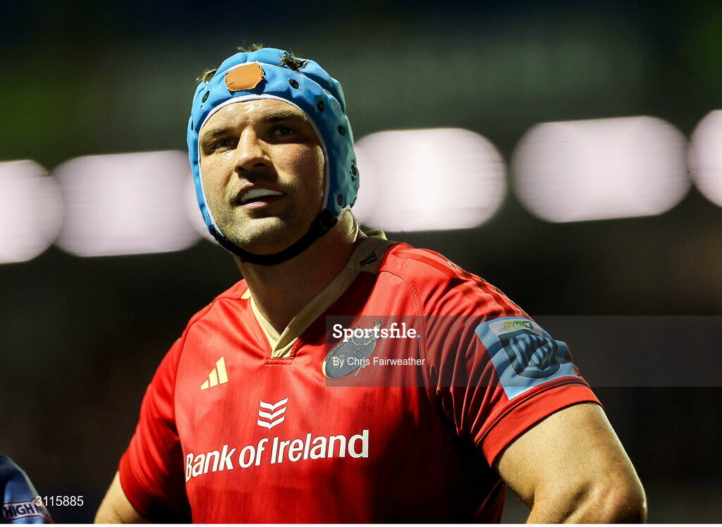 25 April 2025; Tadhg Beirne of Munster during the United Rugby Championship match between Cardiff and Munster at Cardiff Arms Park in Cardiff, Wales. Photo by Chris Fairweather/Sportsfile