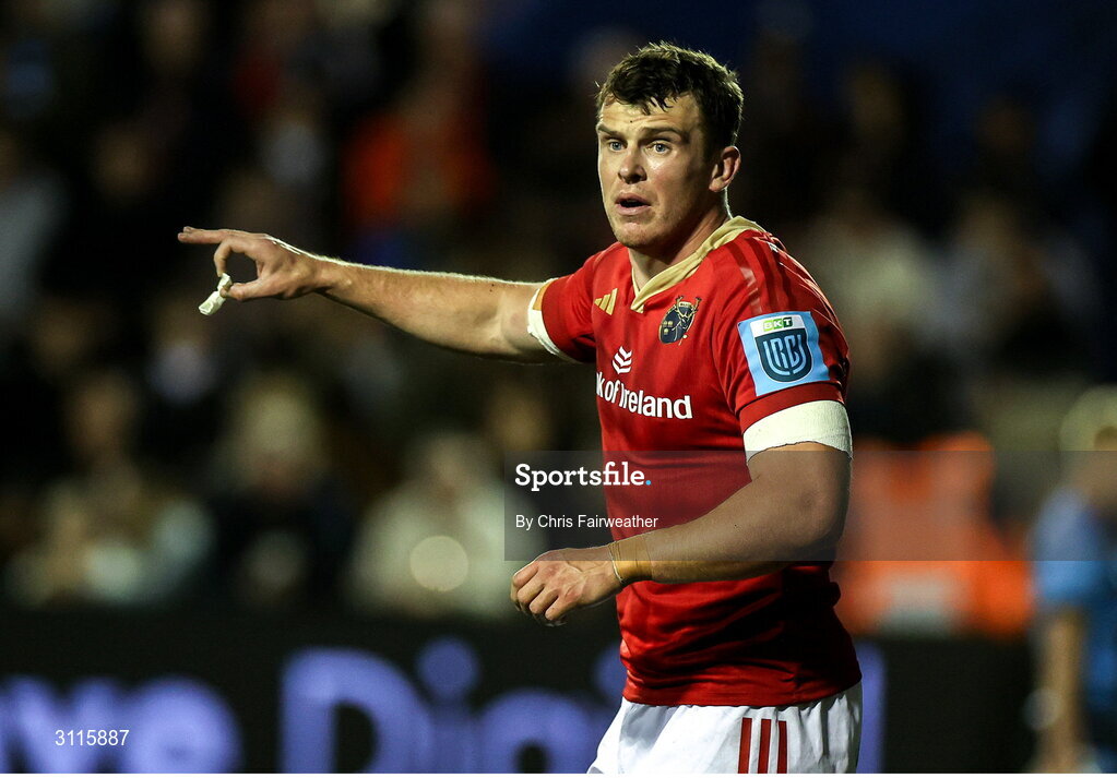 25 April 2025; Tom Farrell of Munster during the United Rugby Championship match between Cardiff and Munster at Cardiff Arms Park in Cardiff, Wales. Photo by Chris Fairweather/Sportsfile