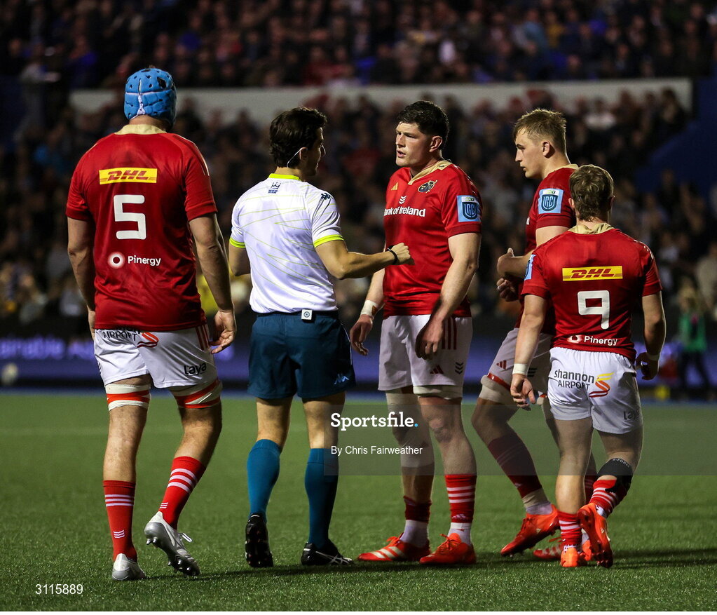 25 April 2025; Jack O'Donoghue of Munster remonstrates with Referee Gianluca Gnecchi after being shown a red card during the United Rugby Championship match between Cardiff and Munster at Cardiff Arms Park in Cardiff, Wales. Photo by Chris Fairweather/Sportsfile