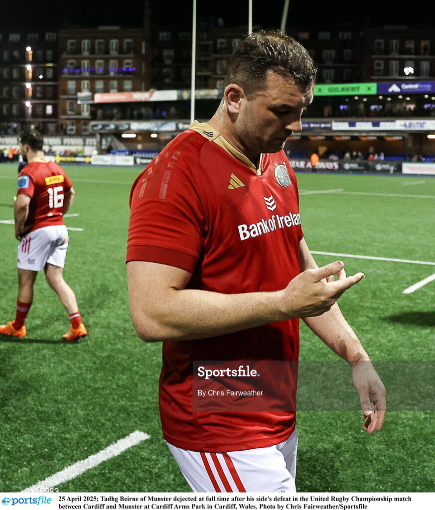25 April 2025; Tadhg Beirne of Munster dejected at full time after his side's defeat in the United Rugby Championship match between Cardiff and Munster at Cardiff Arms Park in Cardiff, Wales. Photo by Chris Fairweather/Sportsfile