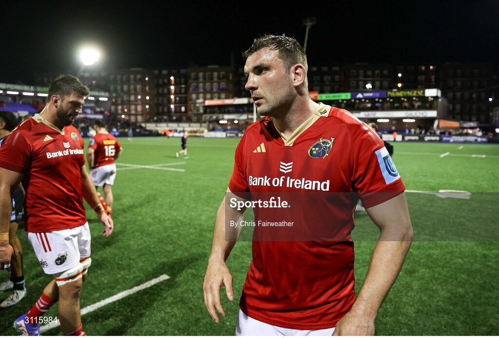 25 April 2025; Tadhg Beirne of Munster dejected at full time after his side's defeat in the United Rugby Championship match between Cardiff and Munster at Cardiff Arms Park in Cardiff, Wales. Photo by Chris Fairweather/Sportsfile