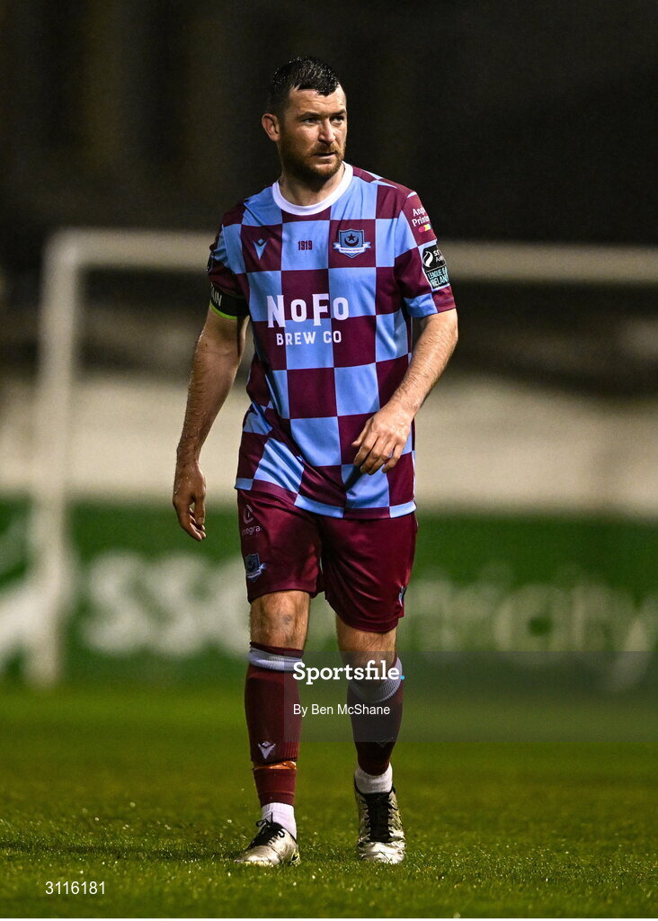 18 April 2025; Ryan Brennan of Drogheda United during the SSE Airtricity Men's Premier Division match between Drogheda United and Shelbourne at Sullivan & Lambe Park in Drogheda, Louth. Photo by Ben McShane/Sportsfile