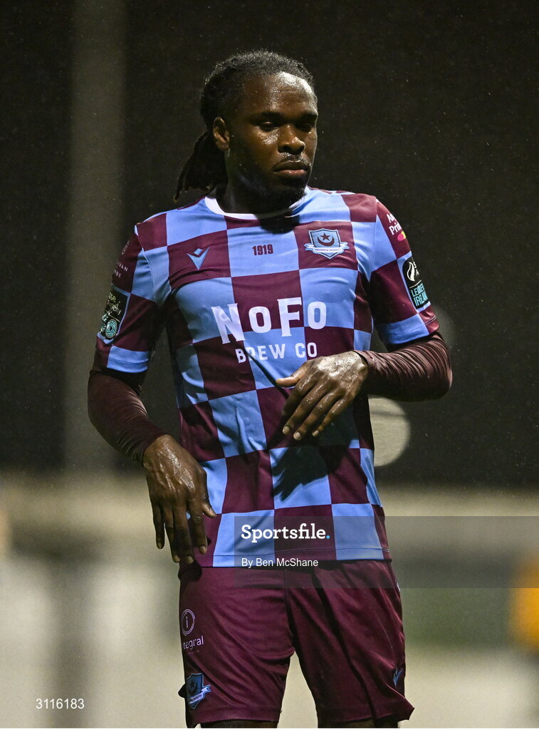 18 April 2025; Thomas Oluwa of Drogheda United during the SSE Airtricity Men's Premier Division match between Drogheda United and Shelbourne at Sullivan & Lambe Park in Drogheda, Louth. Photo by Ben McShane/Sportsfile