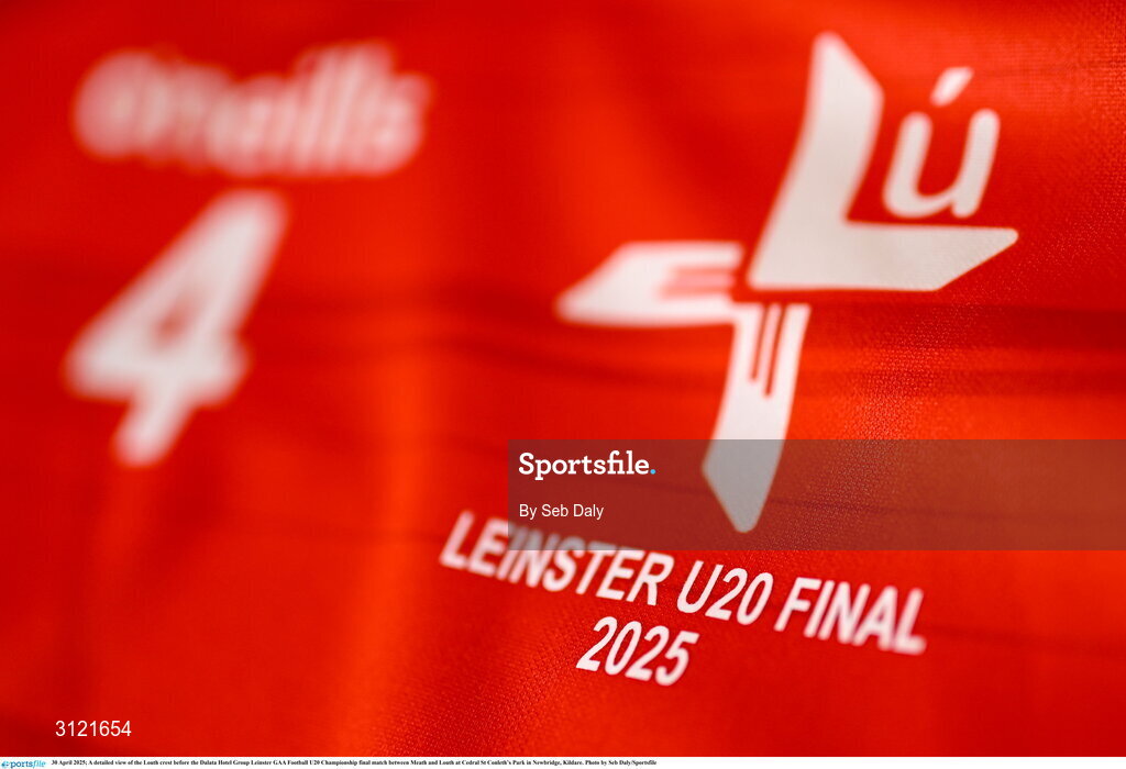30 April 2025; A detailed view of the Louth crest before the Dalata Hotel Group Leinster GAA Football U20 Championship final match between Meath and Louth at Cedral St Conleth’s Park in Newbridge, Kildare. Photo by Seb Daly/Sportsfile