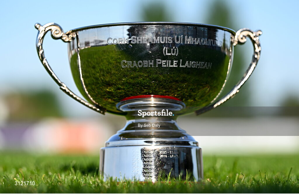 30 April 2025; A view of the trophy before the Dalata Hotel Group Leinster GAA Football U20 Championship final match between Meath and Louth at Cedral St Conleth’s Park in Newbridge, Kildare. Photo by Seb Daly/Sportsfile