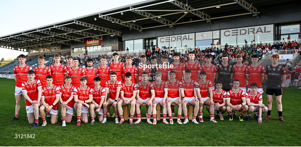 30 April 2025; The Louth panel before the Dalata Hotel Group Leinster GAA Football U20 Championship final match between Meath and Louth at Cedral St Conleth’s Park in Newbridge, Kildare. Photo by Seb Daly/Sportsfile