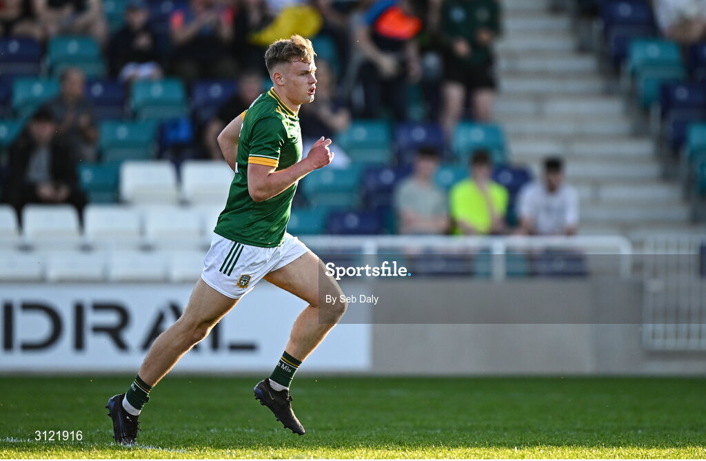 30 April 2025; Tadgh Martyn of Meath after scoring his side's first goal during the Dalata Hotel Group Leinster GAA Football U20 Championship final match between Meath and Louth at Cedral St Conleth’s Park in Newbridge, Kildare. Photo by Seb Daly/Sportsfile