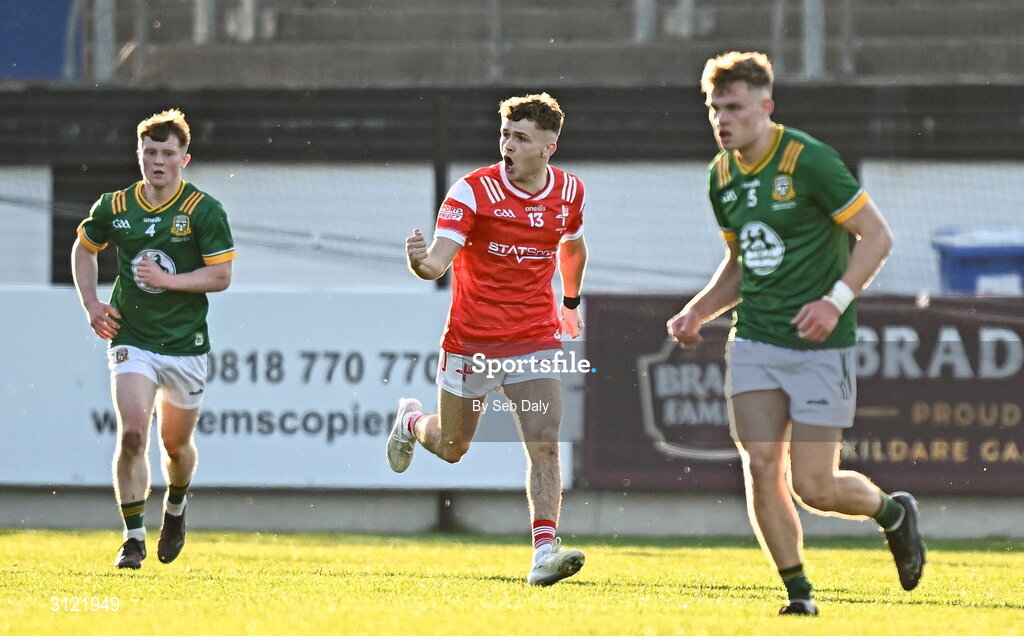 30 April 2025; Adam Gillespie of Louth celebrates after scoring his side's first goal during the Dalata Hotel Group Leinster GAA Football U20 Championship final match between Meath and Louth at Cedral St Conleth’s Park in Newbridge, Kildare. Photo by Seb Daly/Sportsfile