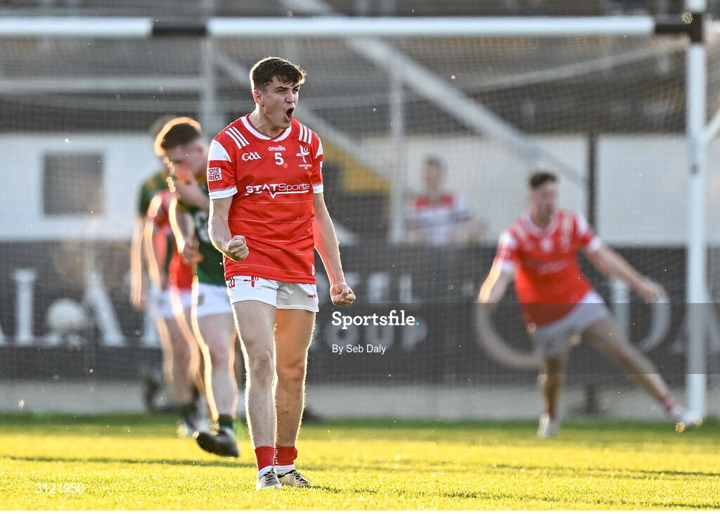 30 April 2025; Tadgh McDonell of Louth celebrates his side's second goal, scored by teammate Pearse Grimes-Murphy, during the Dalata Hotel Group Leinster GAA Football U20 Championship final match between Meath and Louth at Cedral St Conleth’s Park in Newbridge, Kildare. Photo by Seb Daly/Sportsfile