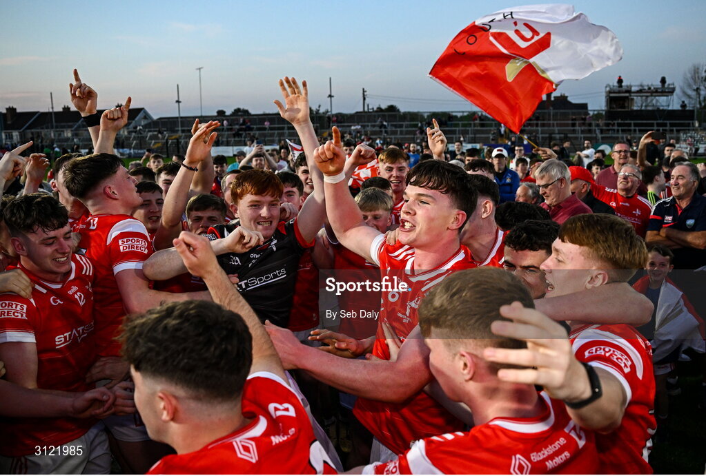 30 April 2025; Louth players celebrate after their side's victory in the Dalata Hotel Group Leinster GAA Football U20 Championship final match between Meath and Louth at Cedral St Conleth’s Park in Newbridge, Kildare. Photo by Seb Daly/Sportsfile