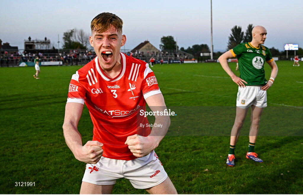 30 April 2025; Cormac McKeown of Louth celebrates after his side's victory in the Dalata Hotel Group Leinster GAA Football U20 Championship final match between Meath and Louth at Cedral St Conleth’s Park in Newbridge, Kildare. Photo by Seb Daly/Sportsfile
