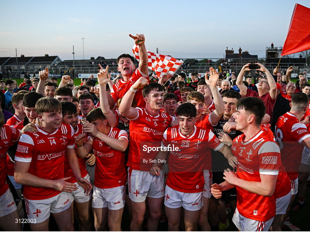 30 April 2025; Louth players celebrate after their side's victory in the Dalata Hotel Group Leinster GAA Football U20 Championship final match between Meath and Louth at Cedral St Conleth’s Park in Newbridge, Kildare. Photo by Seb Daly/Sportsfile