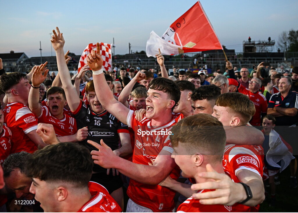 30 April 2025; Louth players celebrate after their side's victory in the Dalata Hotel Group Leinster GAA Football U20 Championship final match between Meath and Louth at Cedral St Conleth’s Park in Newbridge, Kildare. Photo by Seb Daly/Sportsfile