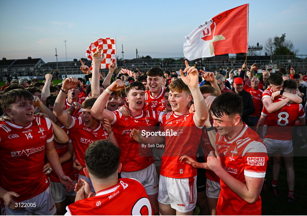 30 April 2025; Louth players celebrate after their side's victory in the Dalata Hotel Group Leinster GAA Football U20 Championship final match between Meath and Louth at Cedral St Conleth’s Park in Newbridge, Kildare. Photo by Seb Daly/Sportsfile