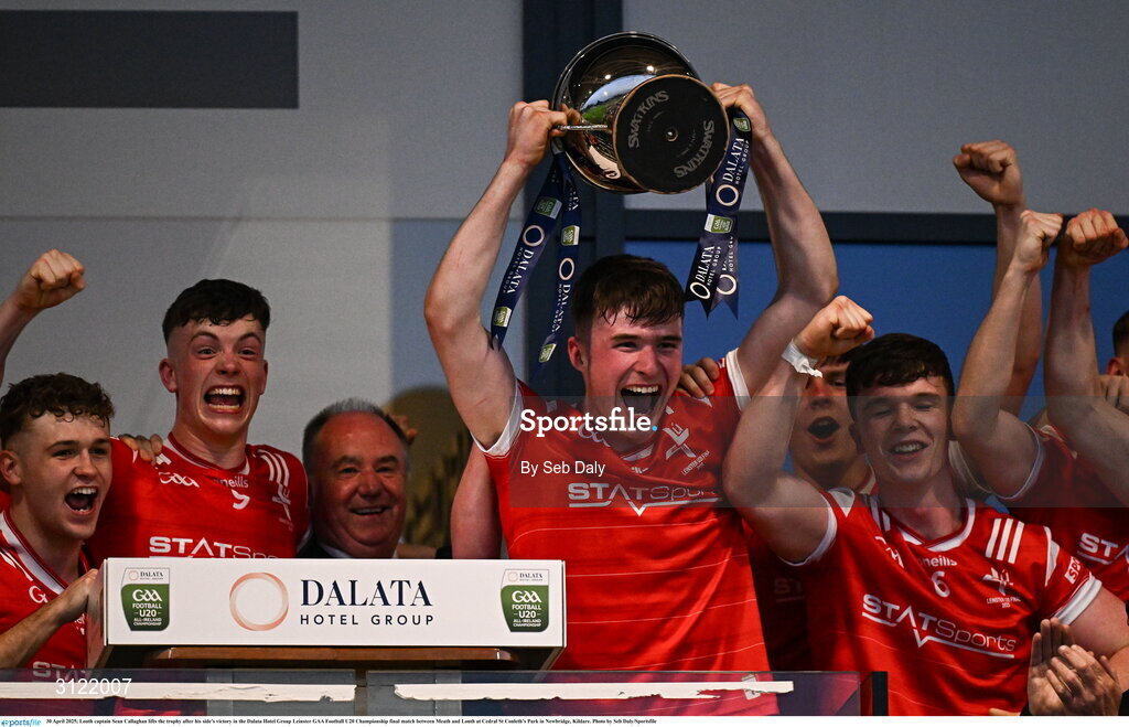 30 April 2025; Louth captain Sean Callaghan lifts the trophy after his side's victory in the Dalata Hotel Group Leinster GAA Football U20 Championship final match between Meath and Louth at Cedral St Conleth’s Park in Newbridge, Kildare. Photo by Seb Daly/Sportsfile