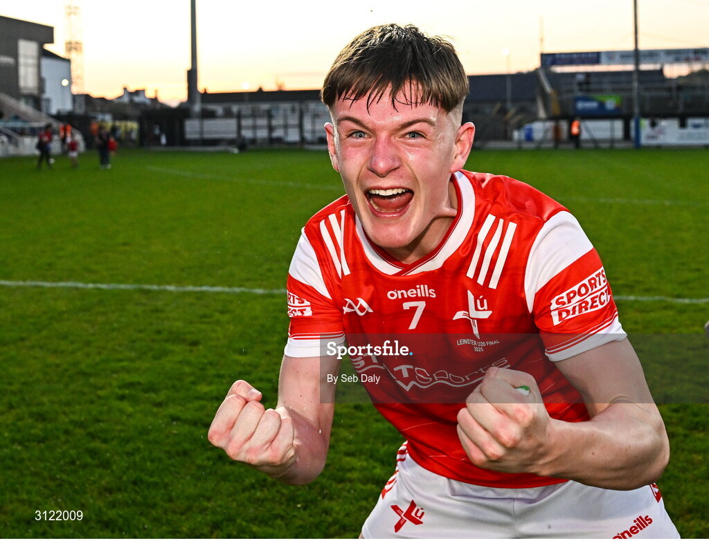 30 April 2025; Conor McGinty of Louth celebrates after his side's victory in the Dalata Hotel Group Leinster GAA Football U20 Championship final match between Meath and Louth at Cedral St Conleth’s Park in Newbridge, Kildare. Photo by Seb Daly/Sportsfile