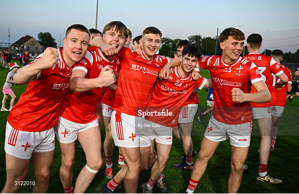 30 April 2025; Louth players celebrate after their side's victory in the Dalata Hotel Group Leinster GAA Football U20 Championship final match between Meath and Louth at Cedral St Conleth’s Park in Newbridge, Kildare. Photo by Seb Daly/Sportsfile