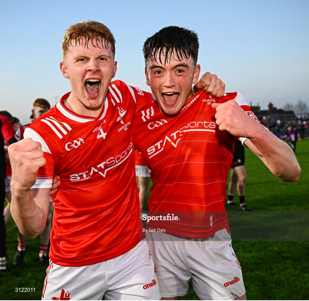 30 April 2025; Louth players Padric Tinnelly, left, and Michéal Reid celebrate after their side's victory in the Dalata Hotel Group Leinster GAA Football U20 Championship final match between Meath and Louth at Cedral St Conleth’s Park in Newbridge, Kildare. Photo by Seb Daly/Sportsfile