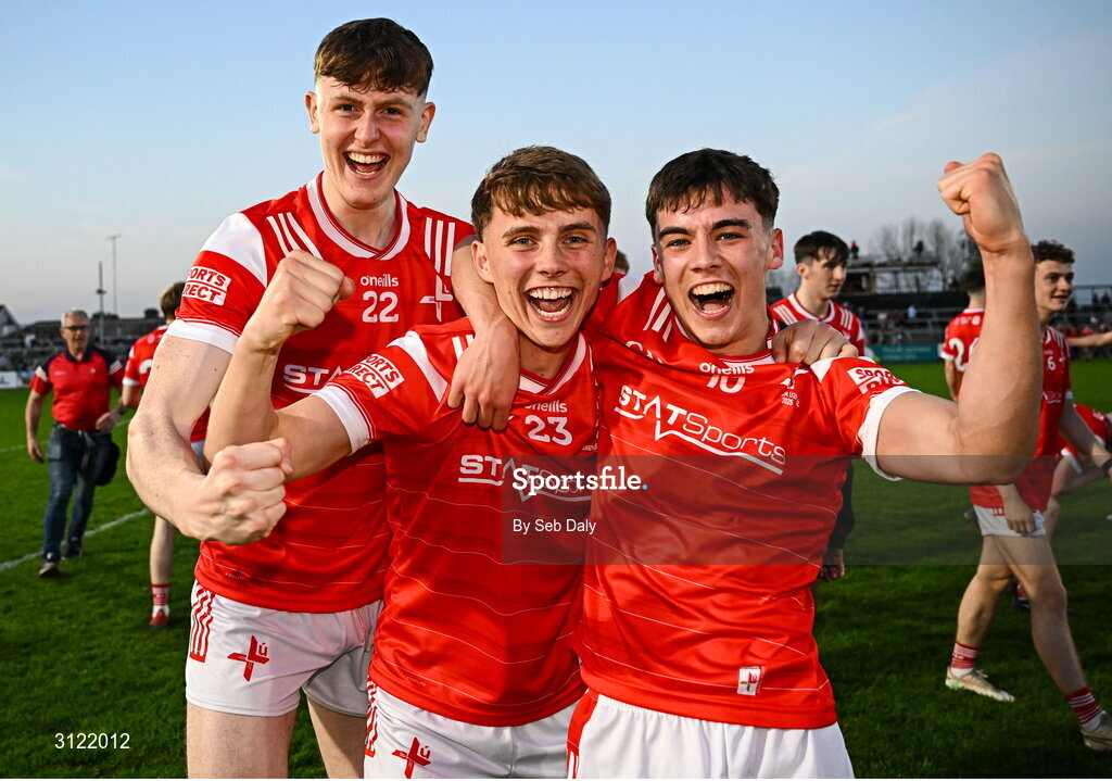 30 April 2025; Shane Lennon of Louth, right, celebrates with teammates after their side's victory in the Dalata Hotel Group Leinster GAA Football U20 Championship final match between Meath and Louth at Cedral St Conleth’s Park in Newbridge, Kildare. Photo by Seb Daly/Sportsfile