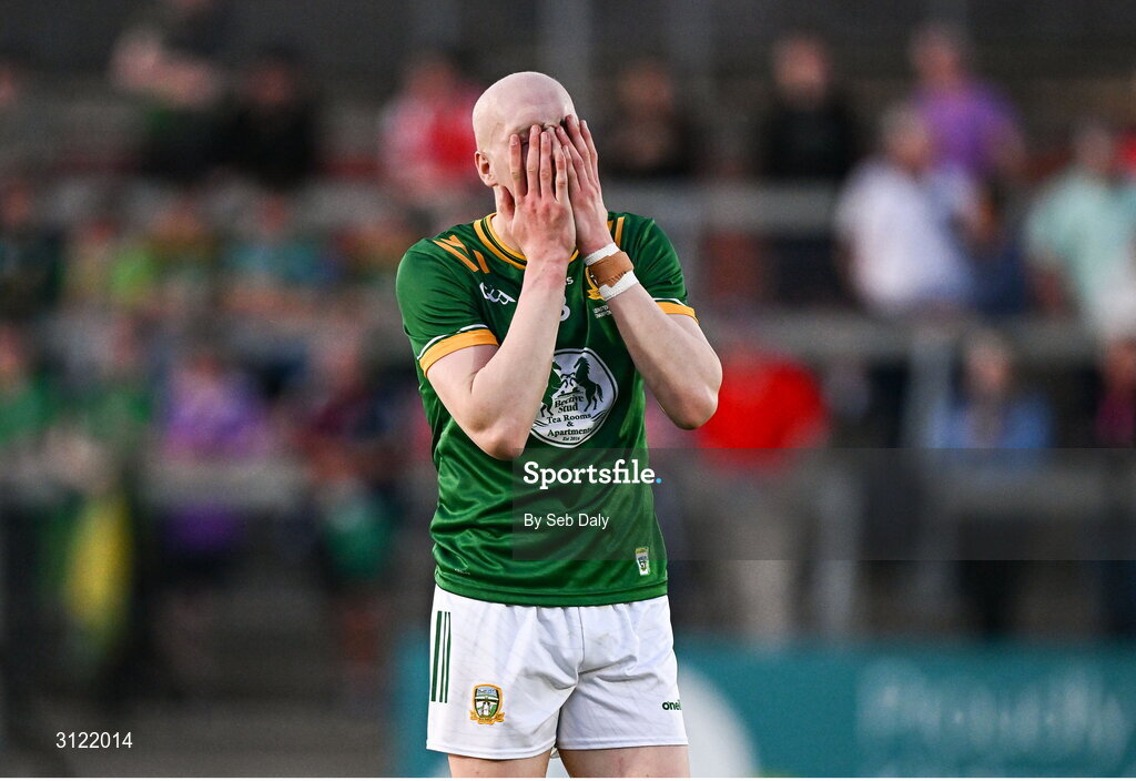 30 April 2025; Eamonn Armstrong of Meath reacts during the Dalata Hotel Group Leinster GAA Football U20 Championship final match between Meath and Louth at Cedral St Conleth’s Park in Newbridge, Kildare. Photo by Seb Daly/Sportsfile