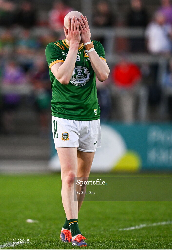 30 April 2025; Eamonn Armstrong of Meath reacts during the Dalata Hotel Group Leinster GAA Football U20 Championship final match between Meath and Louth at Cedral St Conleth’s Park in Newbridge, Kildare. Photo by Seb Daly/Sportsfile