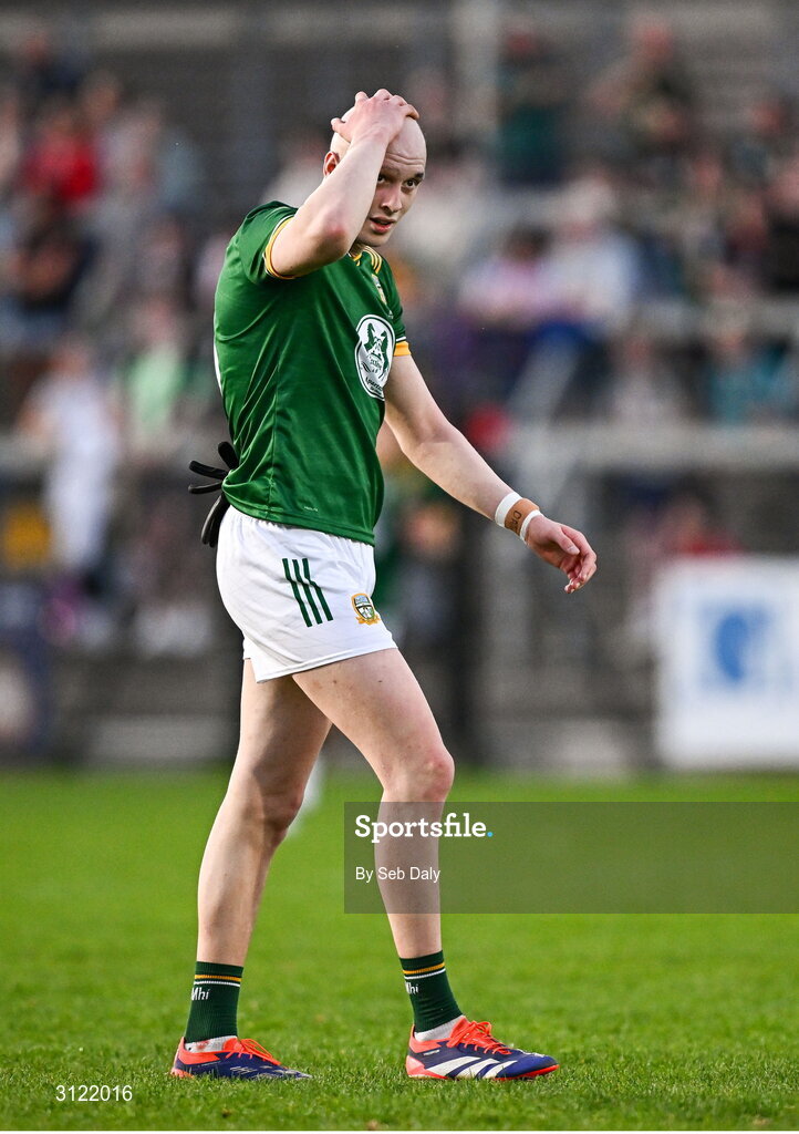 30 April 2025; Eamonn Armstrong of Meath reacts during the Dalata Hotel Group Leinster GAA Football U20 Championship final match between Meath and Louth at Cedral St Conleth’s Park in Newbridge, Kildare. Photo by Seb Daly/Sportsfile