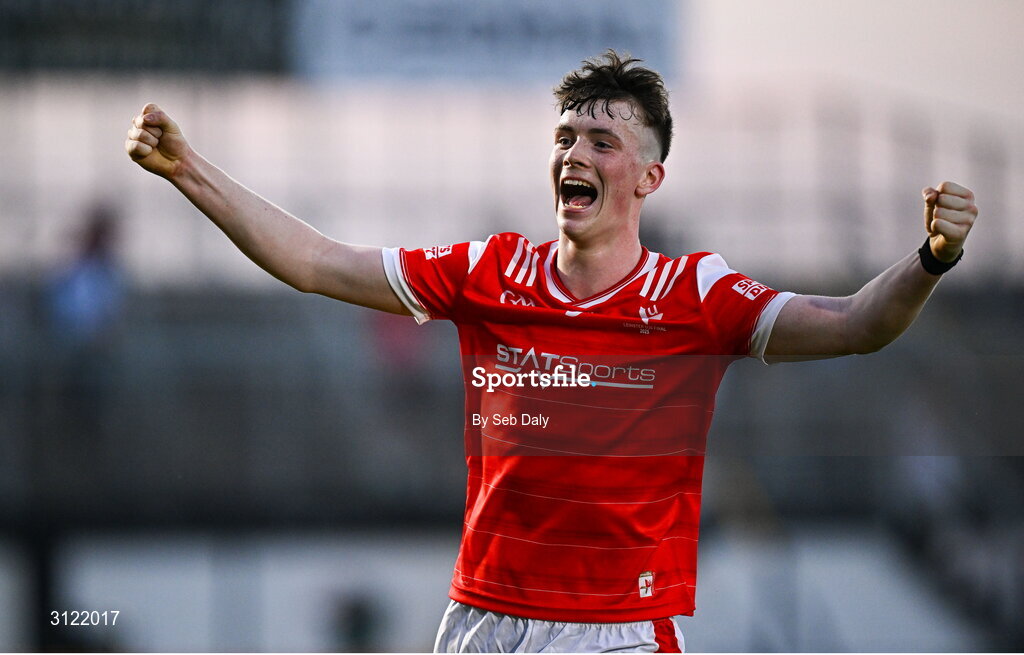 30 April 2025; James Maguire of Louth celebrates at the final whistle after his side's victory in the Dalata Hotel Group Leinster GAA Football U20 Championship final match between Meath and Louth at Cedral St Conleth’s Park in Newbridge, Kildare. Photo by Seb Daly/Sportsfile