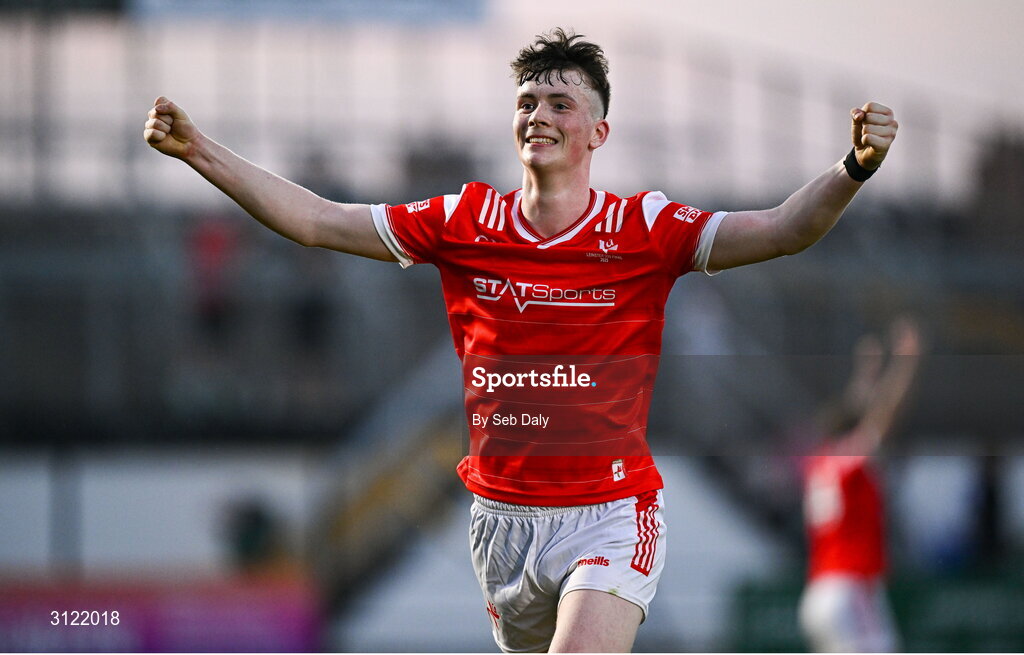 30 April 2025; James Maguire of Louth celebrates at the final whistle after his side's victory in the Dalata Hotel Group Leinster GAA Football U20 Championship final match between Meath and Louth at Cedral St Conleth’s Park in Newbridge, Kildare. Photo by Seb Daly/Sportsfile
