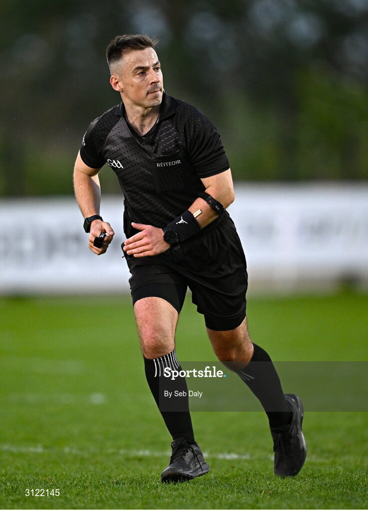 30 April 2025; Referee Ian Howley during the Dalata Hotel Group Leinster GAA Football U20 Championship final match between Meath and Louth at Cedral St Conleth’s Park in Newbridge, Kildare. Photo by Seb Daly/Sportsfile