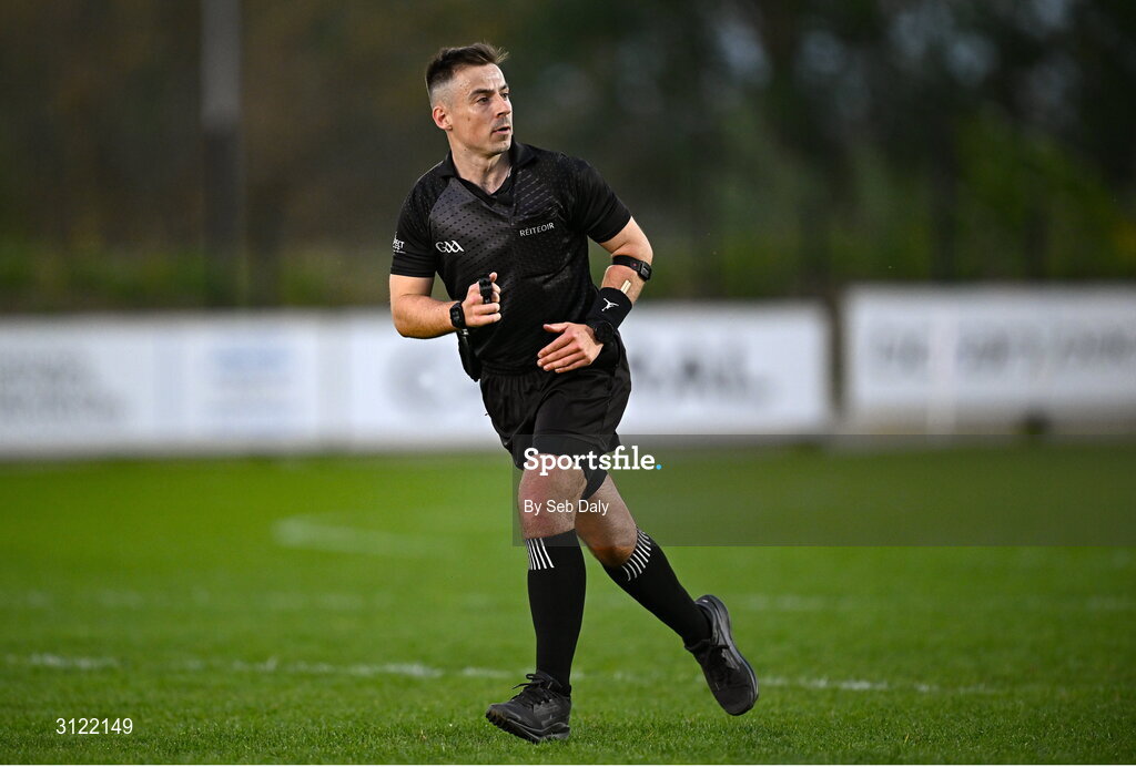 30 April 2025; Referee Ian Howley during the Dalata Hotel Group Leinster GAA Football U20 Championship final match between Meath and Louth at Cedral St Conleth’s Park in Newbridge, Kildare. Photo by Seb Daly/Sportsfile