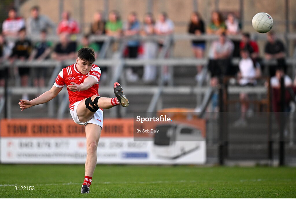 30 April 2025; Tony McDonnell of Louth kicks a free during the Dalata Hotel Group Leinster GAA Football U20 Championship final match between Meath and Louth at Cedral St Conleth’s Park in Newbridge, Kildare. Photo by Seb Daly/Sportsfile