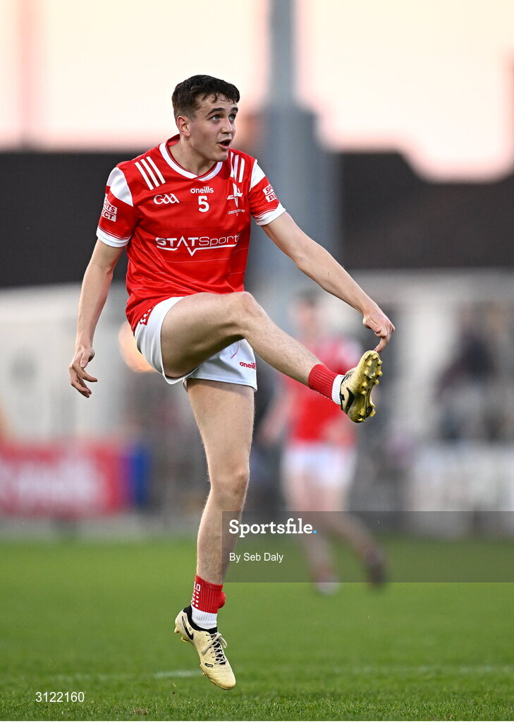 30 April 2025; Tadgh McDonell of Louth kicks a point during the Dalata Hotel Group Leinster GAA Football U20 Championship final match between Meath and Louth at Cedral St Conleth’s Park in Newbridge, Kildare. Photo by Seb Daly/Sportsfile