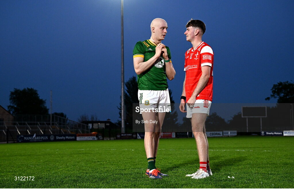 30 April 2025; Pearse Grimes-Murphy of Louth and Eamonn Armstrong of Meath after the Dalata Hotel Group Leinster GAA Football U20 Championship final match between Meath and Louth at Cedral St Conleth’s Park in Newbridge, Kildare. Photo by Seb Daly/Sportsfile