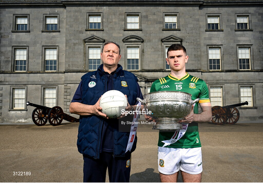 1 May 2025; Meath manager Robbie Brennan and captain Eoghan Frayne at Oldbridge House, Battle of the Boyne Visitor Centre in Drogheda, Meath during a media event for the 2025 Leinster GAA Senior Football Championship Final between Louth and Meath which will take place on Sunday 11th of May in Croke Park, Dublin. Photo by Stephen McCarthy/Sportsfile