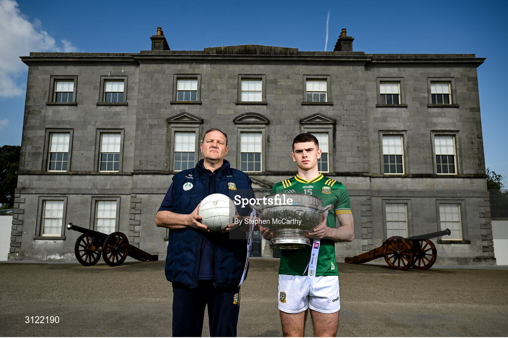 1 May 2025; Meath manager Robbie Brennan and captain Eoghan Frayne at Oldbridge House, Battle of the Boyne Visitor Centre in Drogheda, Meath during a media event for the 2025 Leinster GAA Senior Football Championship Final between Louth and Meath which will take place on Sunday 11th of May in Croke Park, Dublin. Photo by Stephen McCarthy/Sportsfile