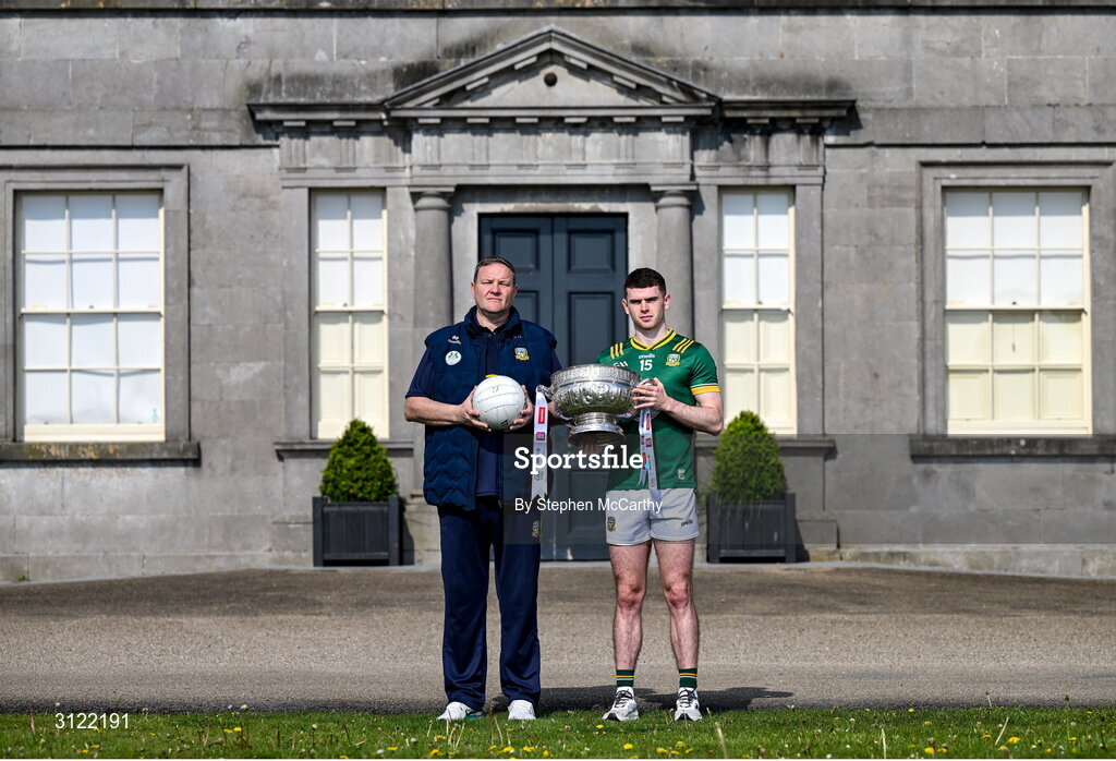 1 May 2025; Meath manager Robbie Brennan and captain Eoghan Frayne at Oldbridge House, Battle of the Boyne Visitor Centre in Drogheda, Meath during a media event for the 2025 Leinster GAA Senior Football Championship Final between Louth and Meath which will take place on Sunday 11th of May in Croke Park, Dublin. Photo by Stephen McCarthy/Sportsfile