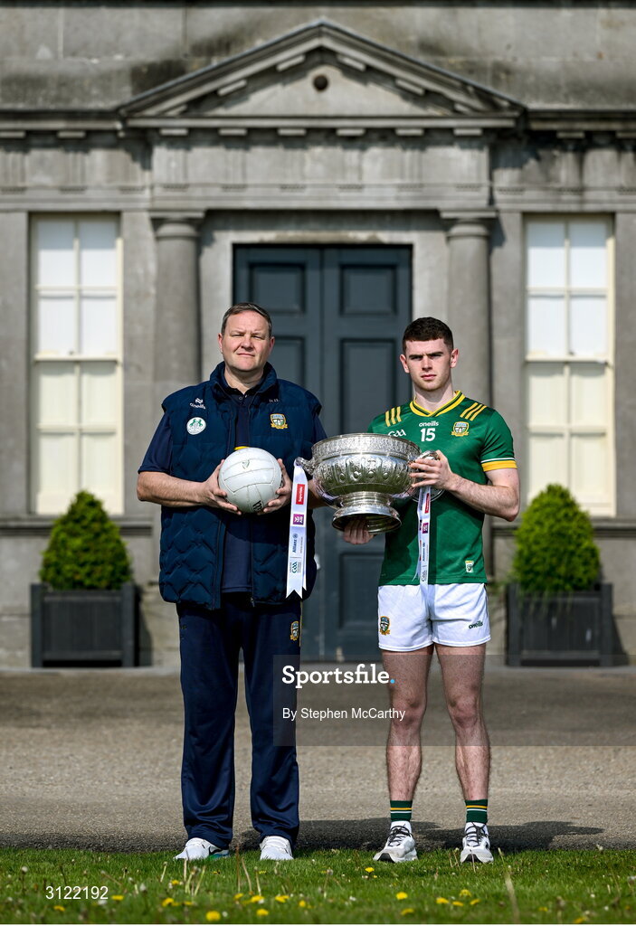1 May 2025; Meath manager Robbie Brennan and captain Eoghan Frayne at Oldbridge House, Battle of the Boyne Visitor Centre in Drogheda, Meath during a media event for the 2025 Leinster GAA Senior Football Championship Final between Louth and Meath which will take place on Sunday 11th of May in Croke Park, Dublin. Photo by Stephen McCarthy/Sportsfile
