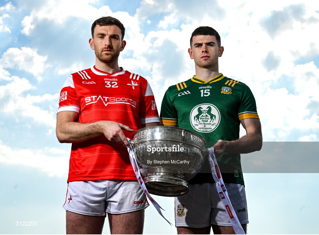 1 May 2025; Louth captain Sam Mulroy and Meath captain Eoghan Frayne at Oldbridge House, Battle of the Boyne Visitor Centre in Drogheda, Meath during a media event for the 2025 Leinster GAA Senior Football Championship Final between Louth and Meath which will take place on Sunday 11th of May in Croke Park, Dublin. Photo by Stephen McCarthy/Sportsfile