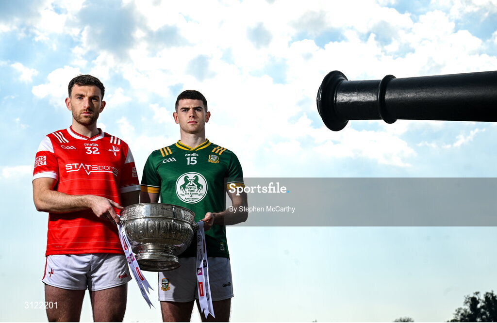 1 May 2025; Louth captain Sam Mulroy and Meath captain Eoghan Frayne at Oldbridge House, Battle of the Boyne Visitor Centre in Drogheda, Meath during a media event for the 2025 Leinster GAA Senior Football Championship Final between Louth and Meath which will take place on Sunday 11th of May in Croke Park, Dublin. Photo by Stephen McCarthy/Sportsfile