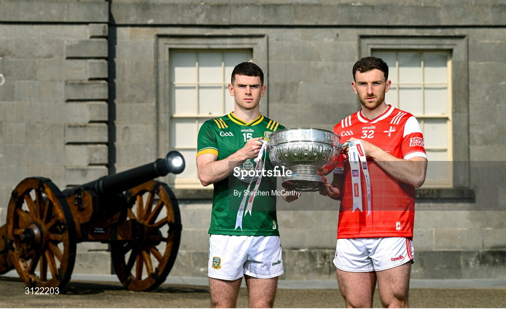 1 May 2025; Louth captain Sam Mulroy and Meath captain Eoghan Frayne at Oldbridge House, Battle of the Boyne Visitor Centre in Drogheda, Meath during a media event for the 2025 Leinster GAA Senior Football Championship Final between Louth and Meath which will take place on Sunday 11th of May in Croke Park, Dublin. Photo by Stephen McCarthy/Sportsfile