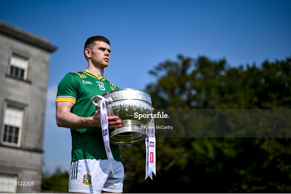1 May 2025; Meath captain Eoghan Frayne at Oldbridge House, Battle of the Boyne Visitor Centre in Drogheda, Meath during a media event for the 2025 Leinster GAA Senior Football Championship Final between Louth and Meath which will take place on Sunday 11th of May in Croke Park, Dublin. Photo by Stephen McCarthy/Sportsfile