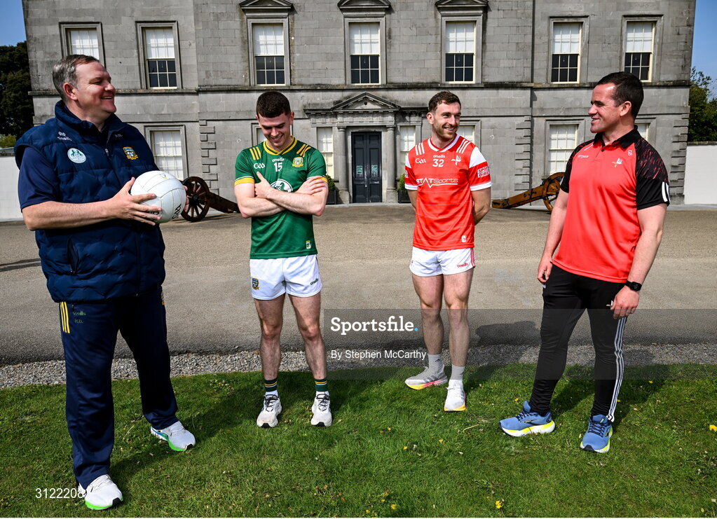 1 May 2025; Meath manager Robbie Brennan and captain Eoghan Frayne, left, with Louth captain Sam Mulroy and manager Ger Brennan, right, at Oldbridge House, Battle of the Boyne Visitor Centre in Drogheda, Meath during a media event for the 2025 Leinster GAA Senior Football Championship Final between Louth and Meath which will take place on Sunday 11th of May in Croke Park, Dublin. Photo by Stephen McCarthy/Sportsfile