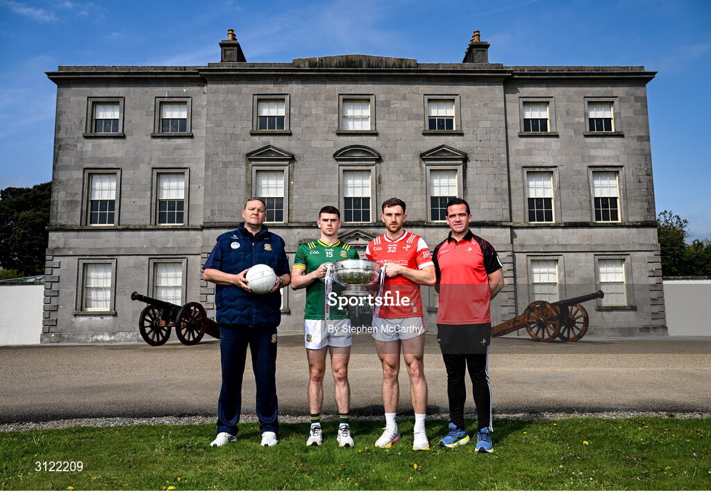 1 May 2025; Meath manager Robbie Brennan and captain Eoghan Frayne, left, with Louth captain Sam Mulroy and manager Ger Brennan, right, at Oldbridge House, Battle of the Boyne Visitor Centre in Drogheda, Meath during a media event for the 2025 Leinster GAA Senior Football Championship Final between Louth and Meath which will take place on Sunday 11th of May in Croke Park, Dublin. Photo by Stephen McCarthy/Sportsfile
