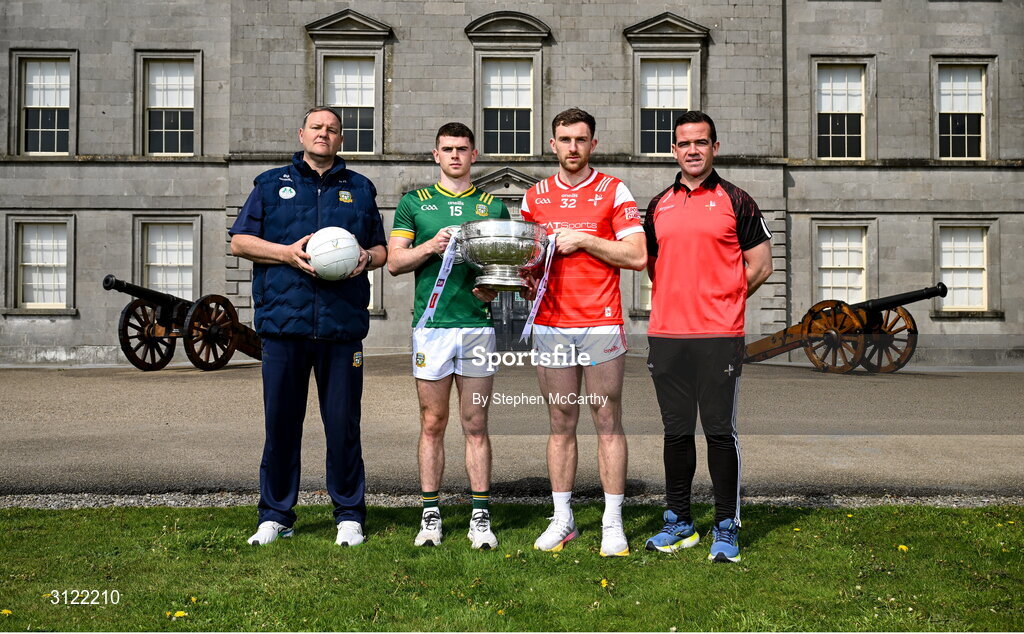 1 May 2025; Meath manager Robbie Brennan and captain Eoghan Frayne, left, with Louth captain Sam Mulroy and manager Ger Brennan, right, at Oldbridge House, Battle of the Boyne Visitor Centre in Drogheda, Meath during a media event for the 2025 Leinster GAA Senior Football Championship Final between Louth and Meath which will take place on Sunday 11th of May in Croke Park, Dublin. Photo by Stephen McCarthy/Sportsfile