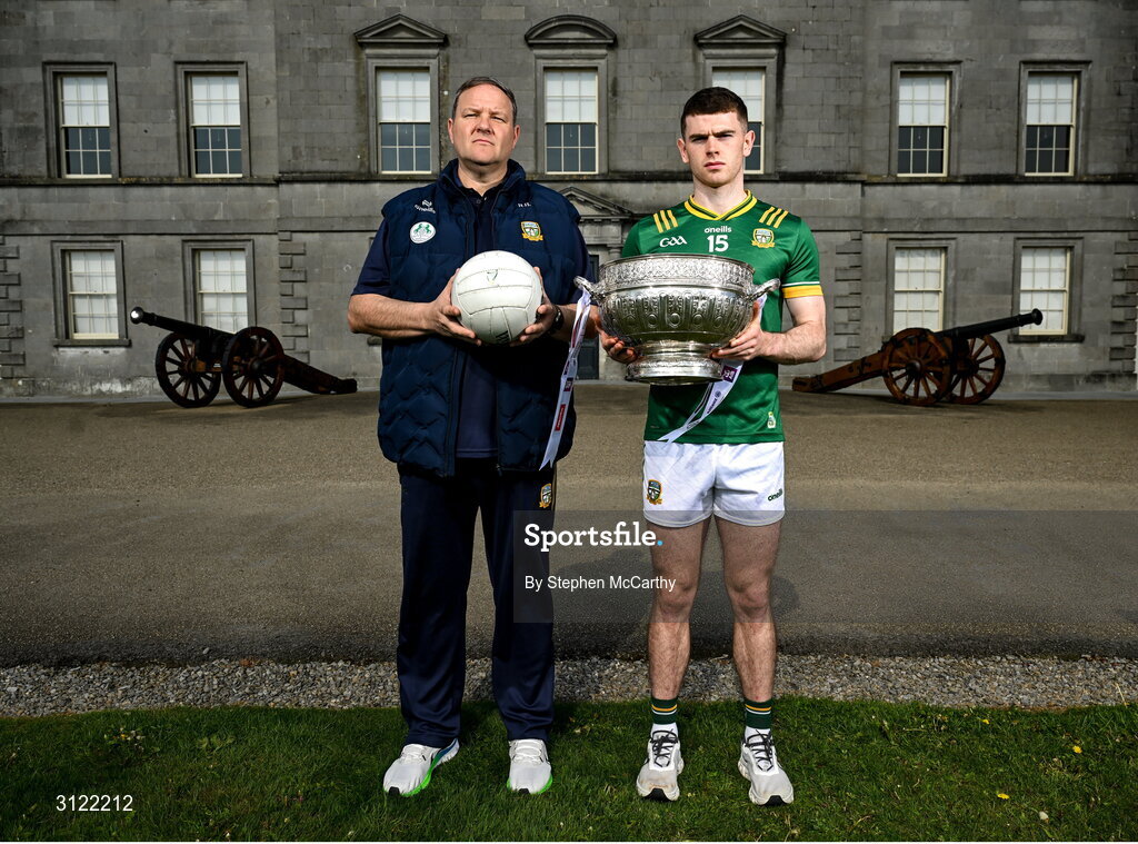 1 May 2025; Meath manager Robbie Brennan and captain Eoghan Frayne at Oldbridge House, Battle of the Boyne Visitor Centre in Drogheda, Meath during a media event for the 2025 Leinster GAA Senior Football Championship Final between Louth and Meath which will take place on Sunday 11th of May in Croke Park, Dublin. Photo by Stephen McCarthy/Sportsfile