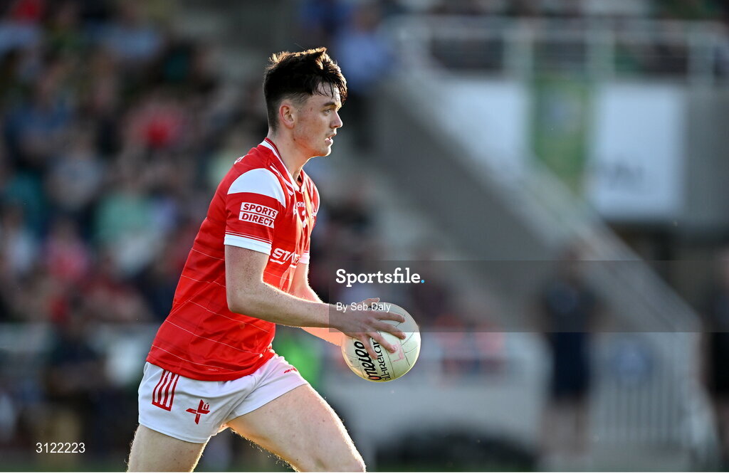 30 April 2025; Michéal Reid of Louth during the Dalata Hotel Group Leinster GAA Football U20 Championship final match between Meath and Louth at Cedral St Conleth’s Park in Newbridge, Kildare. Photo by Seb Daly/Sportsfile