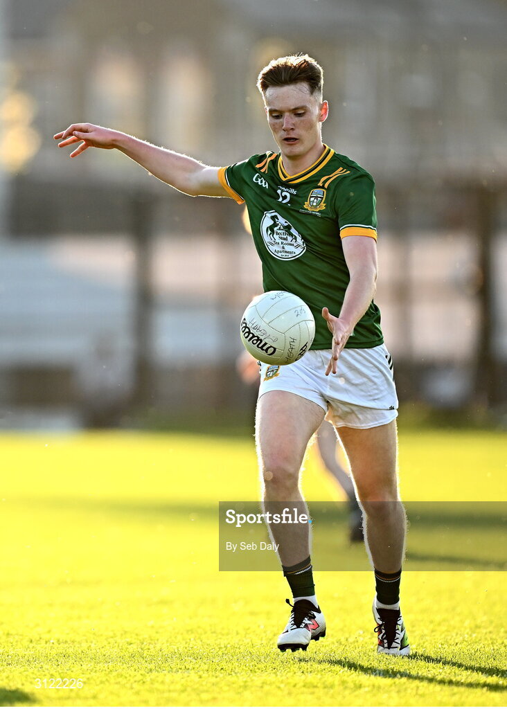 30 April 2025; Zach Thornton of Meath during the Dalata Hotel Group Leinster GAA Football U20 Championship final match between Meath and Louth at Cedral St Conleth’s Park in Newbridge, Kildare. Photo by Seb Daly/Sportsfile